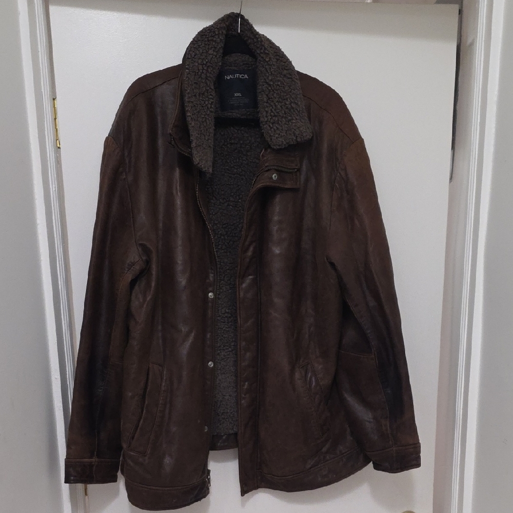 Nautica Men's Brown Leather Military Jacket